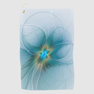 Serviette De Golf Petite Beauté Moderne Fleur d'Art Fractal Bleu Or