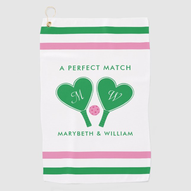 Serviette De Golf Pickleball Mariage rose et vert Preppy (Devant)