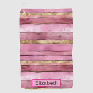 Serviette De Golf Pink and Gold Rustic Faux Wood Personalized