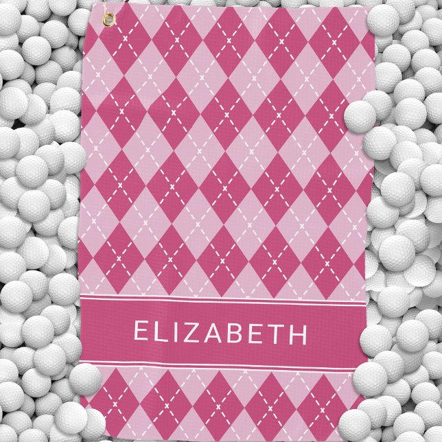 Serviette De Golf Pink Argyle Plaid Custom Name Monogram  (Pink Argyle Plaid Custom Monogram Name Classic Golf Towel)
