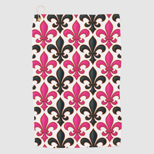 Serviette De Golf Pink Black Baroque Fleur-de-lis Pattern Design  (Devant)