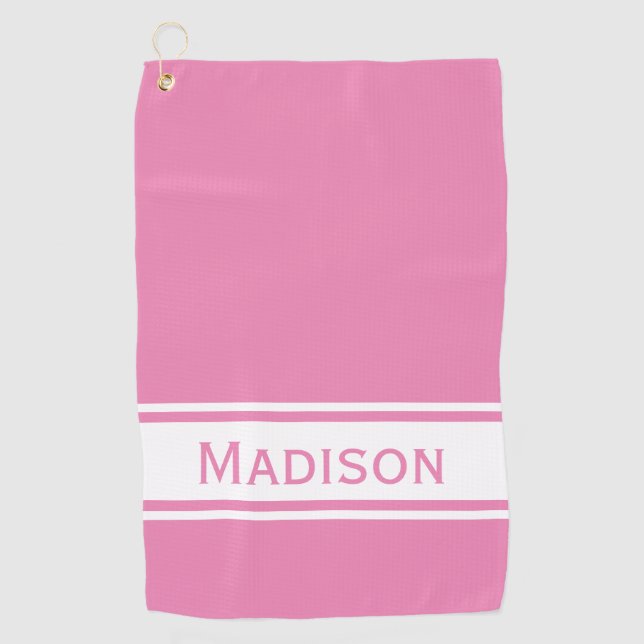 Serviette De Golf Pink White Stripe Nom moderne Monogramme (Devant)