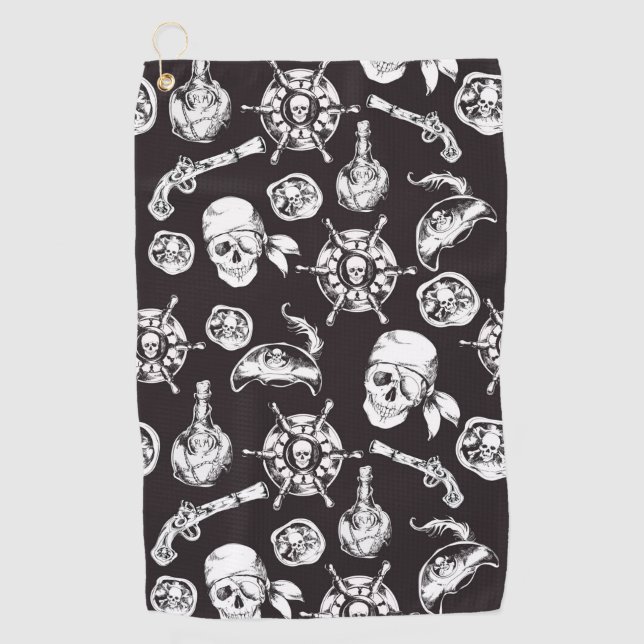 Serviette De Golf Pirate crâne noir blanc motif (Devant)