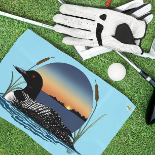 Serviette De Golf Plongeon commun serein Coucher de soleil Bleu Faun