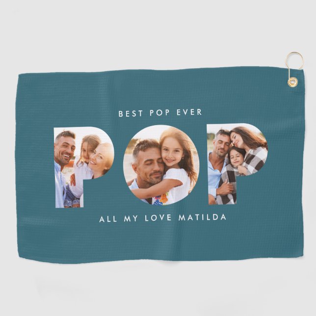 Serviette De Golf Pop multi photo typographie moderne cadeau turquoi (Horizontal)