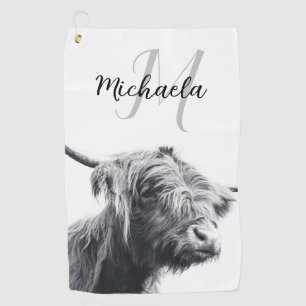 Serviette De Golf Portrait de vache Highland premier monogramme noir