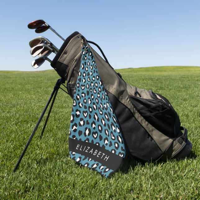 Serviette De Golf Poster de animal, Léopard Bleu, Coeurs, Votre Nom (Vert)