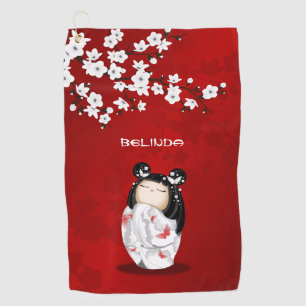 Serviette De Golf Poupée Kokeshi Rouge noir blanc cerisier
