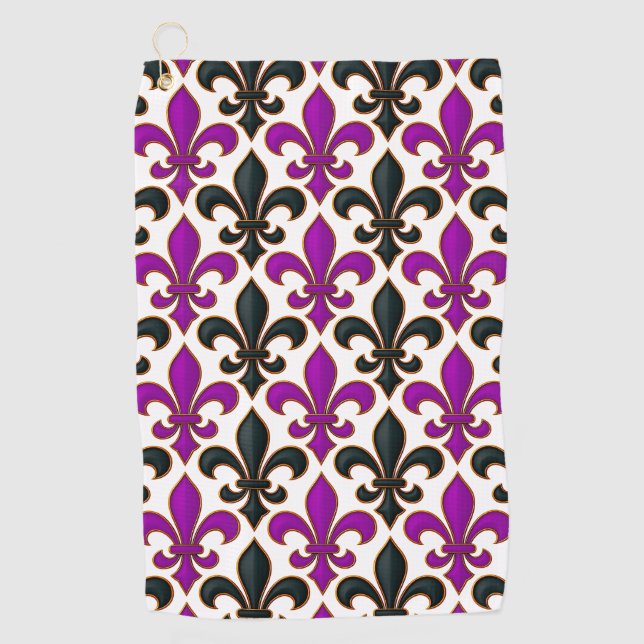 Serviette De Golf Purple Black Baroque Fleur-de-lis Pattern Design  (Devant)