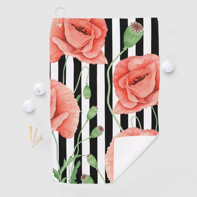 Serviette De Golf Red Poppies Black Stripes Chic (En situation)