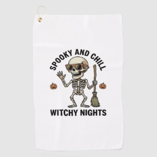 Serviette De Golf Rétro Gravure de squelette d'Halloween Balai de so