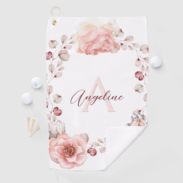 Serviette De Golf Rose d'aquarelle Wreath personnalisée | BLANCHE (En situation)