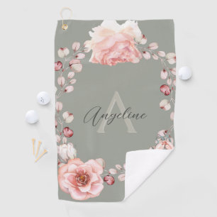 Serviette De Golf Rose d'aquarelle Wreath personnalisée   Vert sage