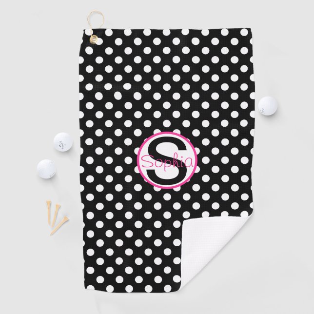 Serviette De Golf Rose et Noir, Nom et Initiale avec Pois (En situation)