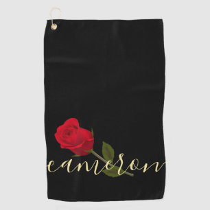 Serviette De Golf Rose Rouge Sur Noir Et Or Monographié