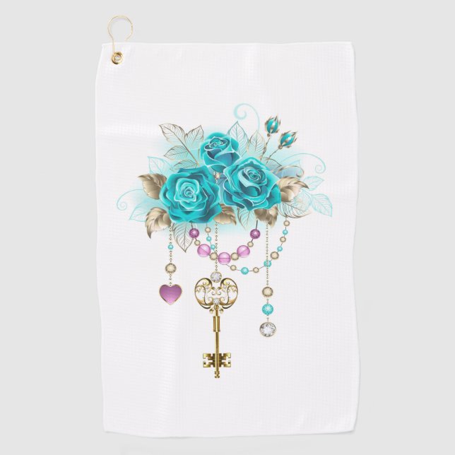 Serviette De Golf Roses turquoise avec touches (Devant)