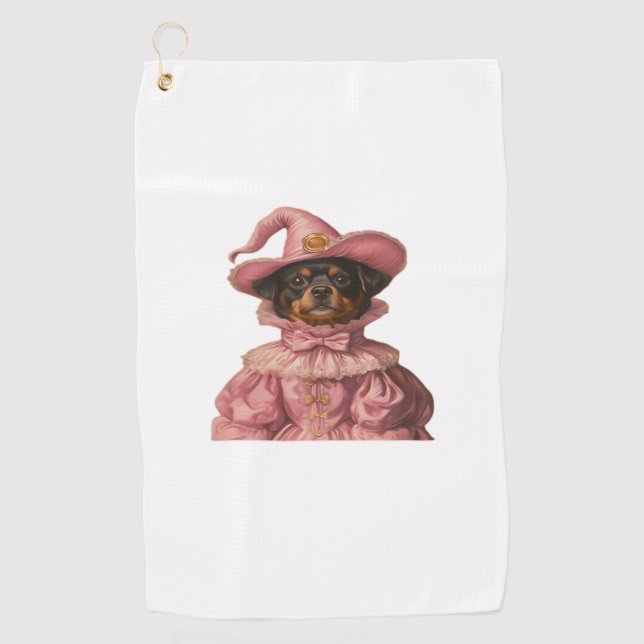 Serviette De Golf Rottweiler Chiot habillé en sorcière rose - Cute H (Devant)