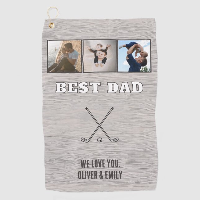 Serviette De Golf Rustic Wood Best Dad 3 Photo Collage Keepsake (Devant)