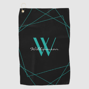 Serviette De Golf Script de nom de monogramme Turquoise noir éléga