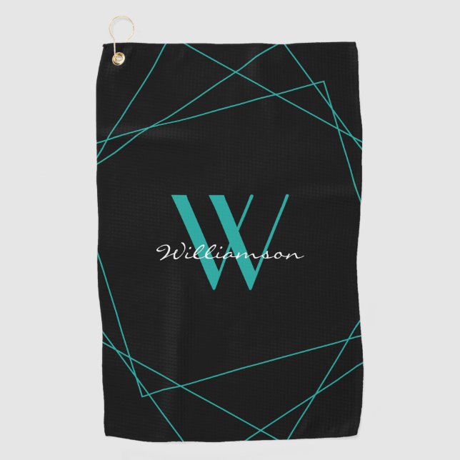 Serviette De Golf Script de nom de monogramme Turquoise noir élégant (Devant)