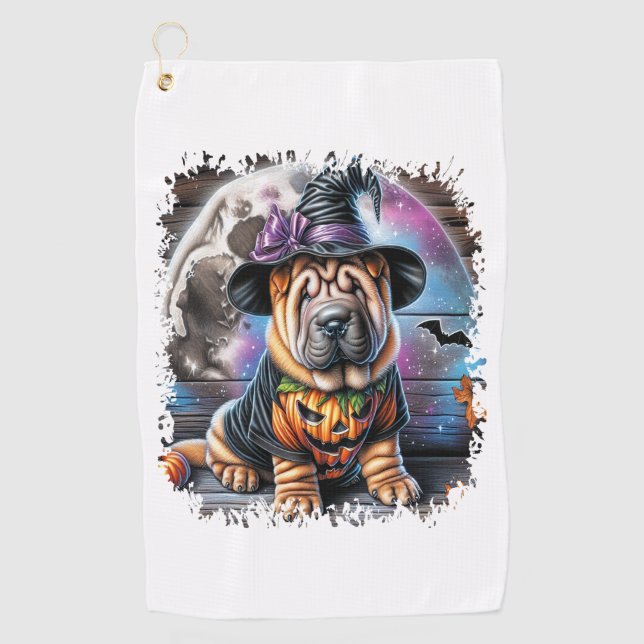 Serviette De Golf Shar Pei Chien Carré d'Halloween (Devant)