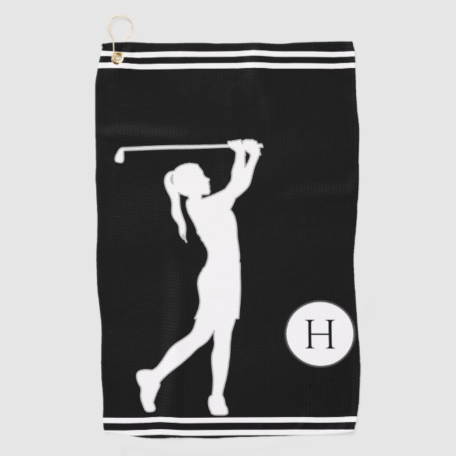 Serviette De Golf Silhouette noire et blanche fille golfeuse dames (Devant)