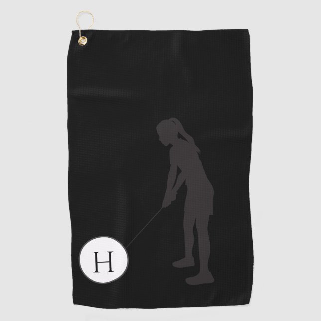 Serviette De Golf Silhouette noire et blanche fille golfeuse dames G (Devant)