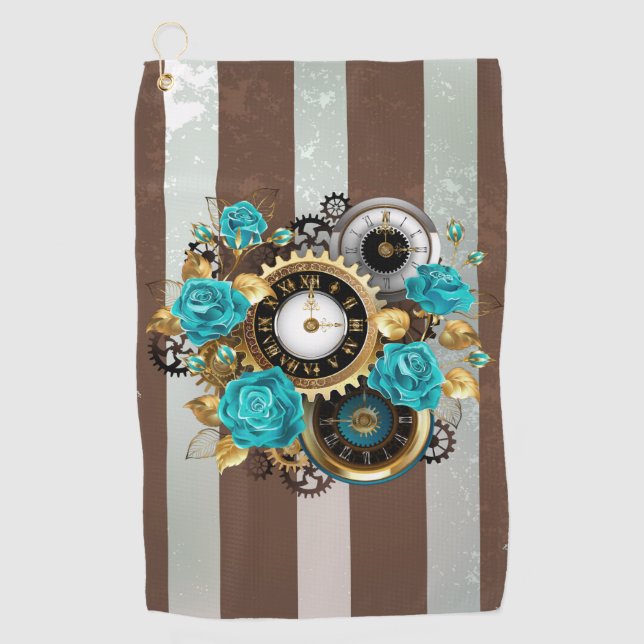 Serviette De Golf Steampunk Clock and Turquoise Roses on Striped (Devant)