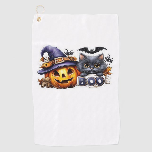 Serviette De Golf Sticker pour chat Halloween drôle - Casquette sorc (Devant)