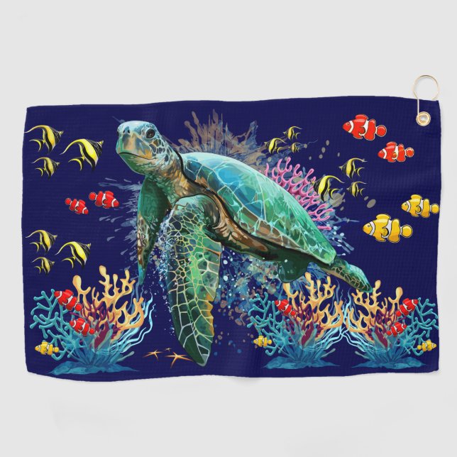 Serviette De Golf Style d'aquarelle sous-marine de tortue marine (Horizontal)