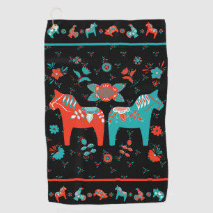 Serviette De Golf Suédois Folk Dala Horse l Turquoise et rouge