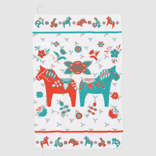 Serviette De Golf Suédois Folk Dala Horse l Turquoise et rouge
