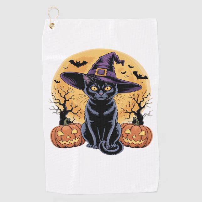 Serviette De Golf T-shirt Citrouille essentiel Halloween Chat (Devant)