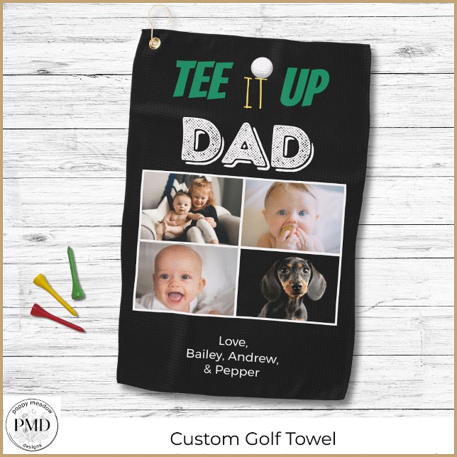 Serviette De Golf Tee It Up Papa Fête des pères personnalisée 4 Phot (Tee It Up Dad Four Photo Custom Golf Towel with Children and Pet Names.)