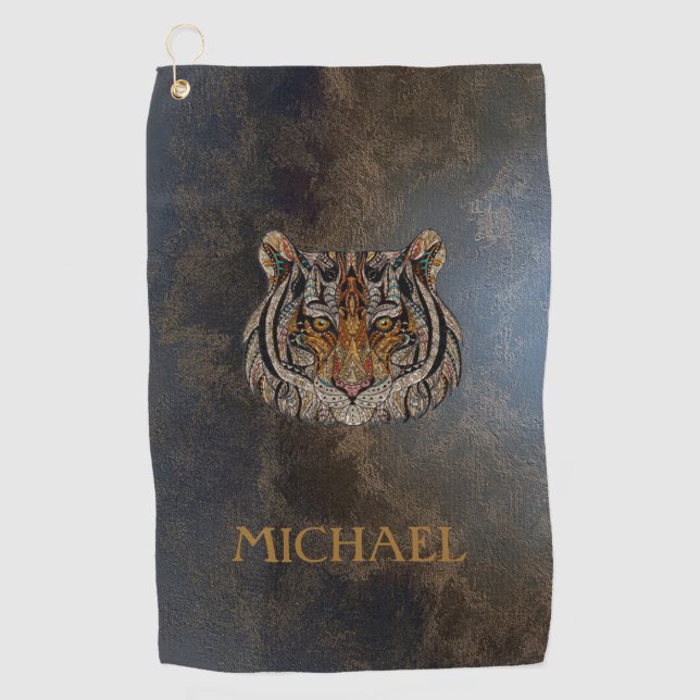 Serviette De Golf Tête de tigre, visage, look cuir (Devant)