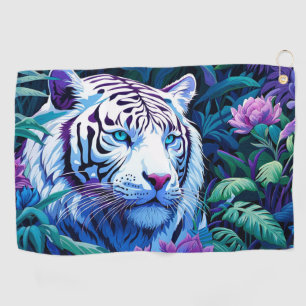 Serviette De Golf Tigre blanc en fleurs violettes Réflexion