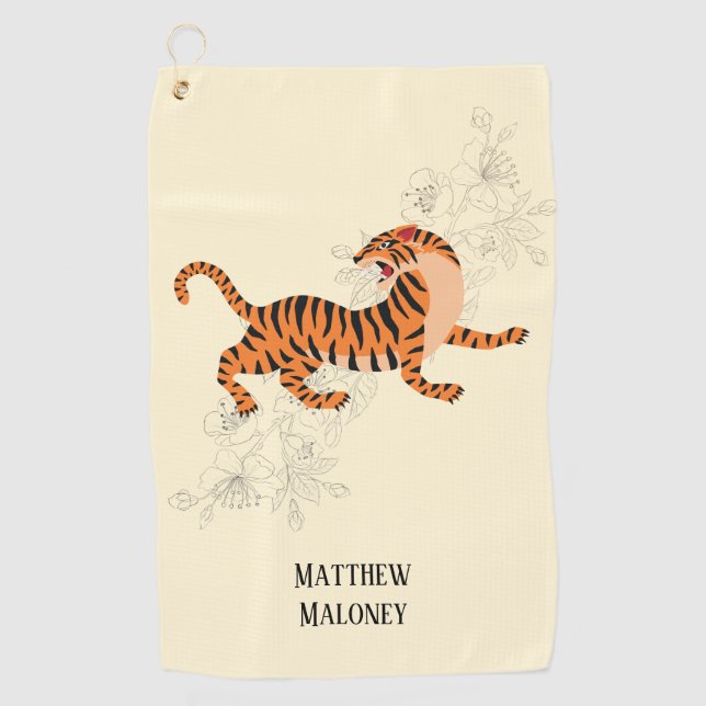 Serviette De Golf Tigre Japonais D'Art Avec Fleur De Cerisier (Devant)