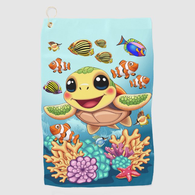 Serviette De Golf Tortue de mer Bébé heureux et mignonne personnage (Devant)
