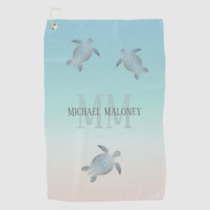 Serviette De Golf Tortues Argent Initiales Votre Nom Beige Turquoise