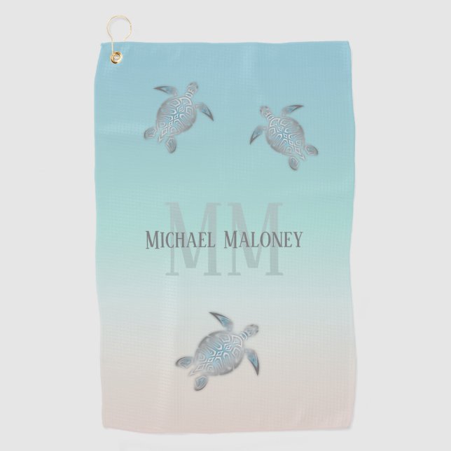 Serviette De Golf Tortues Argent Initiales Votre Nom Beige Turquoise (Devant)