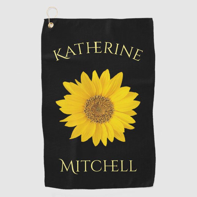 Serviette De Golf Tournesol jaune Nom personnalisé Noir (Devant)