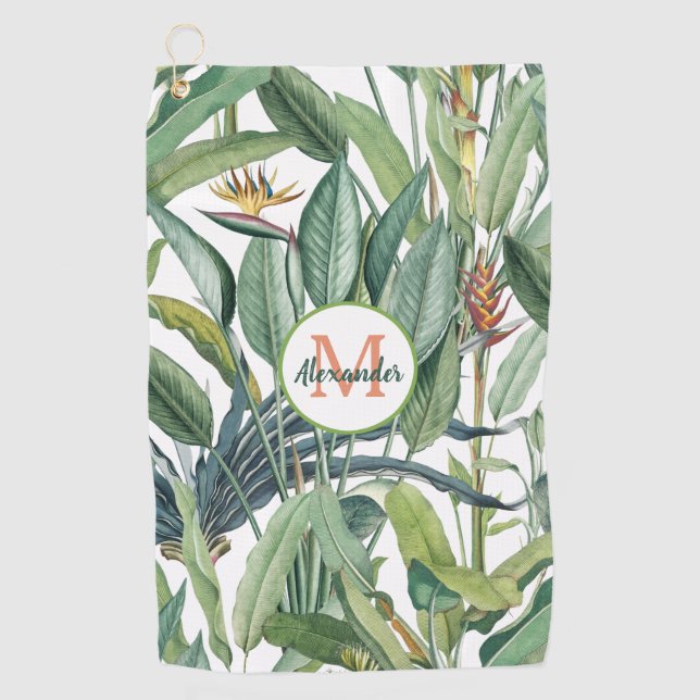 Serviette De Golf Tropical Jungle Banana Tree Strelitzia Monogramme (Devant)
