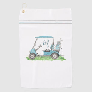 Serviette De Golf Unique Golf Cart Blue Monogram Watercolor 