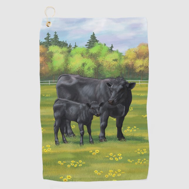 Serviette De Golf Vache d'Angus noir et veau mou en pâturage d'été (Devant)