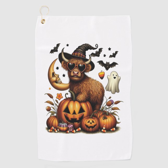 Serviette De Golf Vache Highland à l'Halloween Citrouille (Devant)