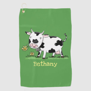 Serviette De Golf Vache mignonne en vert dessin animé sur le terrain