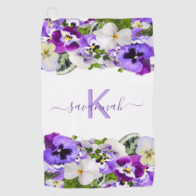 Serviette De Golf Violet violet floraux blanc monogramme nom script (Devant)