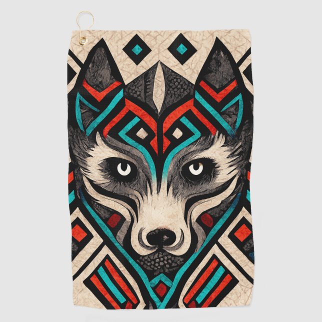Serviette De Golf Visage de loup aztèque (Devant)