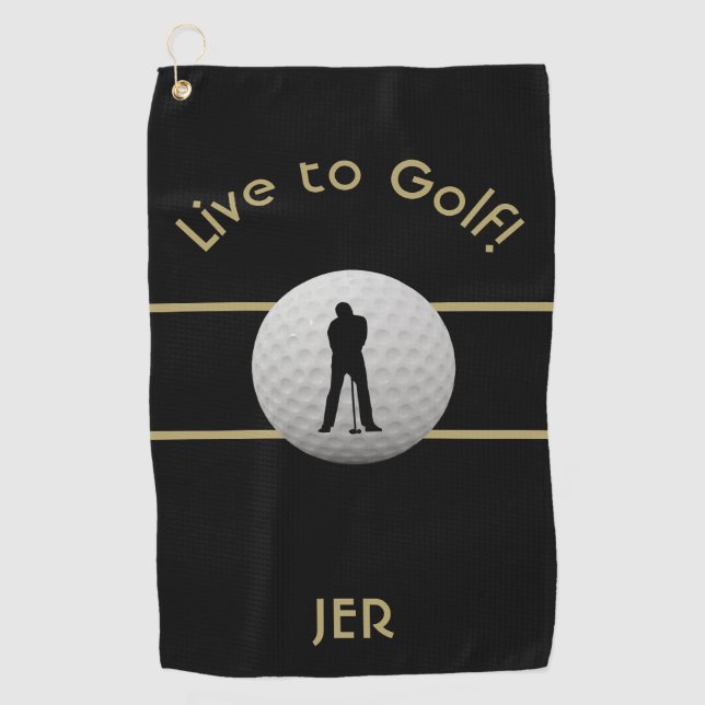 Serviette De Golf Vivre au golf Citation Monogramme Noir & Or (Devant)