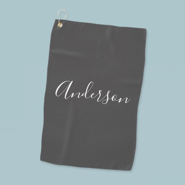 Serviette De Golf Votre nom | Élégant script blanc sur gris (Créateur téléchargé)